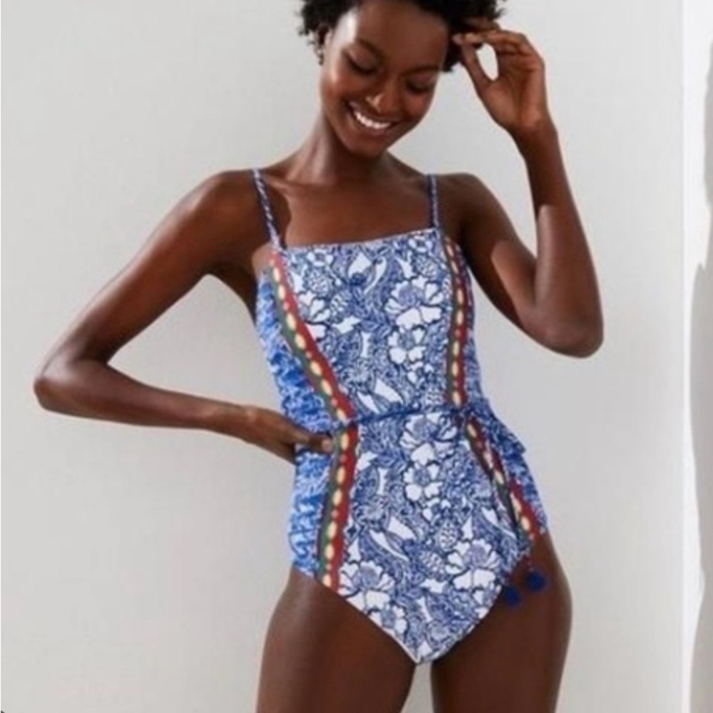LOFT Blue Floral Print One-Piece Swimsuit with Red & Green Trim